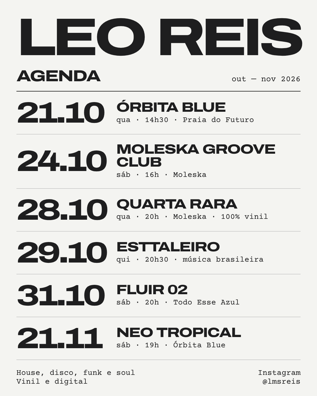 Arte da agenda de Leo Reis, de 21 de outubro a 21 de novembro